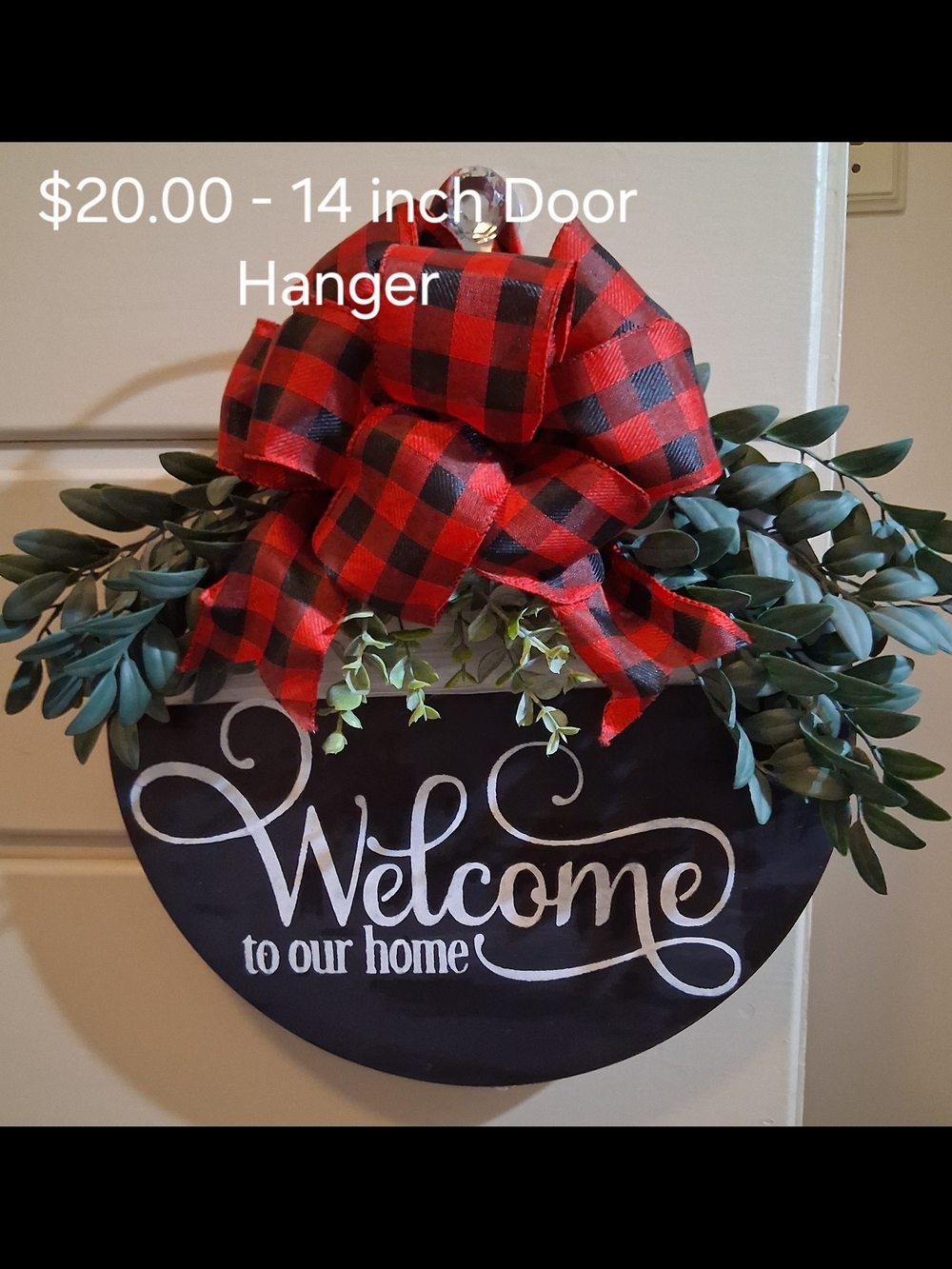 Welcome to Our Home Black Door Hanger with Red Buffalo Plaid Bow